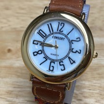 Vintage Consort Unisex Gold Tone Easy Read Leather Analog Quartz Watch~New Batte - £14.92 GBP
