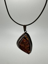 Vintage Very Large Genuine Baltic Sea Amber Pendant Sterling Silver Necklace  - $96.03