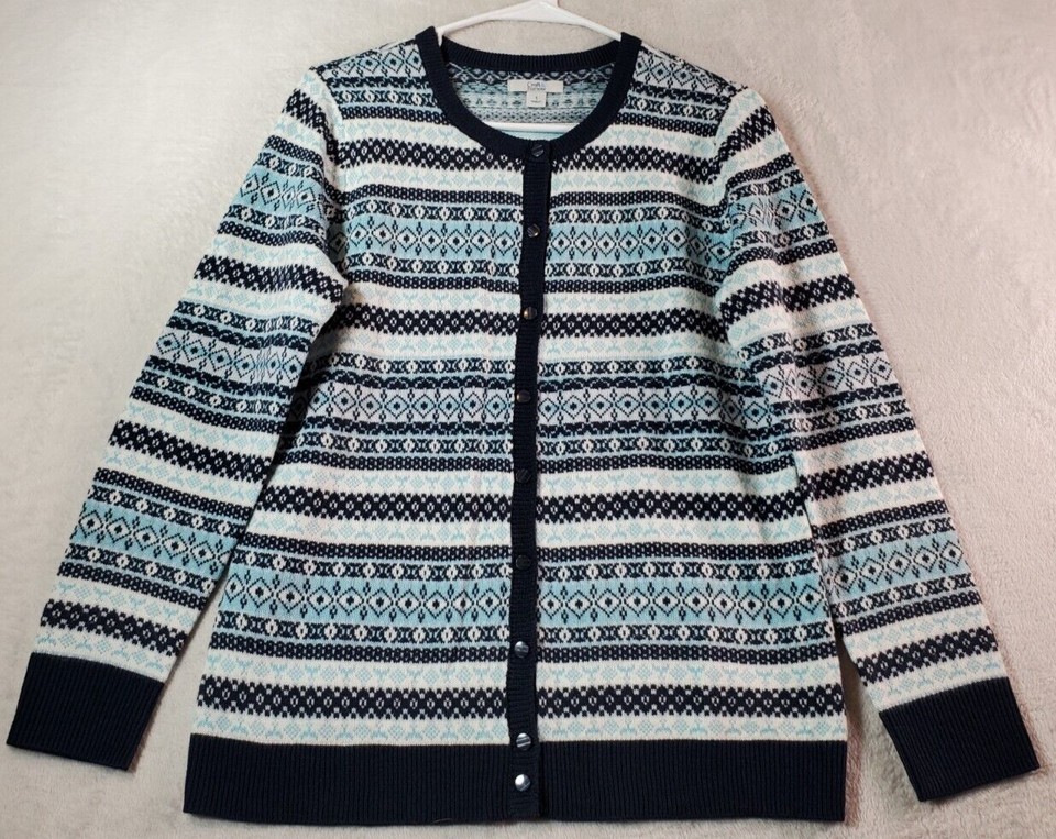 Croft &amp; Barrow Cardigan Sweater Womens Small Blue Fair Isle Acrylic Butt... - $9.40