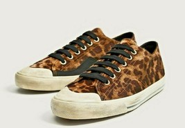 Leopard Calf Hair Sneakers EU Size 39 Fit Men 6 Women 8 Distressed Low Top Shoes - $10.45