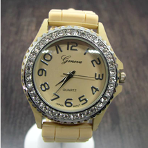 Geneva Ladies Silver Jeweled Watch Silicon Tan Khaki Color Buckle Band #6886 - £3.11 GBP