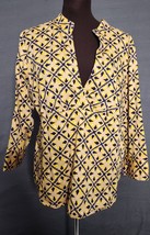 Women’s Talbots V-neck 3/4 Sleeve Yellow Navy Diamond Cotton Stretch Top Size L - £17.39 GBP
