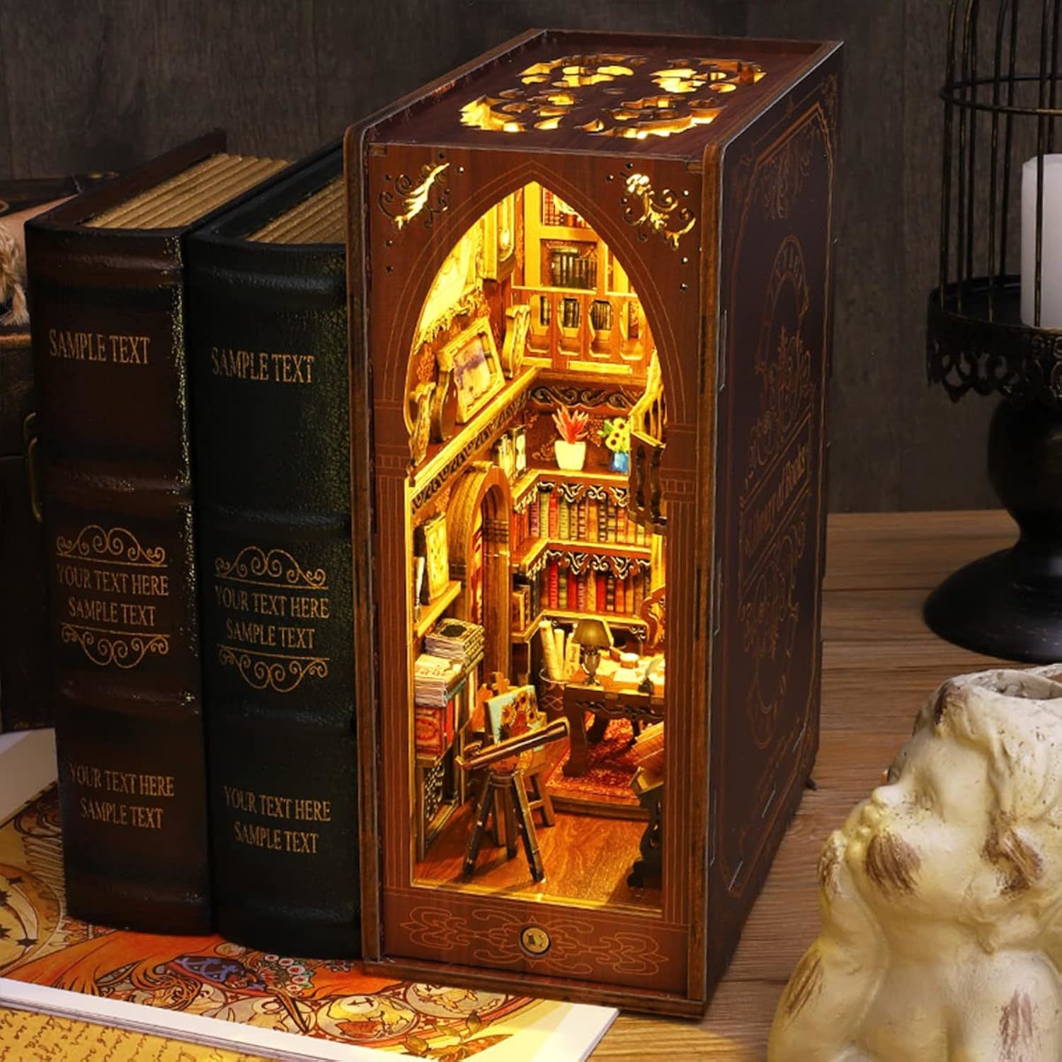 3D Wooden Puzzle Bookends, Diy Book Nook Kit, Magic Book House Model Building Ki
