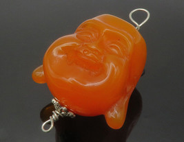 925 Sterling Silver - Vintage Buddha Head Carved Orange Jade Pendant - PT11111 - £60.50 GBP