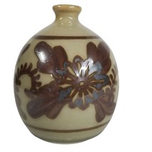 Vintage Ball Vase Small Neck Mouth Art Pottery Brown F Lowers Floral Design 3.5&quot; - £11.94 GBP