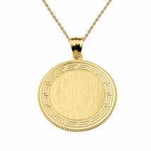 Solid 10k Yellow Gold Greek Key Engravable Round Pendant Necklace - £182.15 GBP+