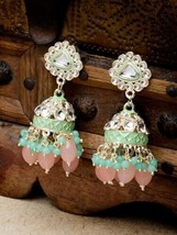 Kundan With Meenakari Gold Plated Mint Green Jhumka/Jhumki Earrings Jewelry Set - £18.47 GBP