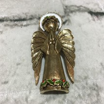 Angel Pin Brooch Stamped ART Gold Toned Halo Holly Leaves 2” Religious - £9.29 GBP