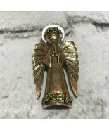 Angel Pin Brooch Stamped ART Gold Toned Halo Holly Leaves 2” Religious - £9.34 GBP