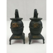 Vintage Black Pot Belly Wood Burning Stove Salt And Pepper Shakers - $6.92