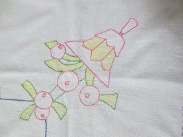 Vtg Hand Embroidery &amp; Died Square Tablecloth Crochet And Hem Bells - £11.74 GBP