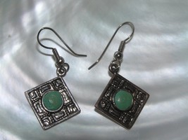 Estate Rustic Tipped Silvertone Squares with Faux Turquoise Round Cab in Center  - £6.88 GBP