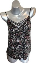 American Eagle Soft Sexy Cami Tank Top Sz S Black Lilac Purple Floral Caged Neck - £15.60 GBP