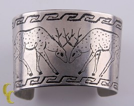 Signed Joanne Fritsch Sterling Silver Cuff Bracelet With Etched Antelope Deer - £353.12 GBP