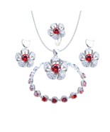 Anyco Jewelry Set 4Pcs Red Round Stone Zircon 925 Silver Floral - $64.90+