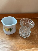 Lot of White Porcelain w Yellow Rose &amp; Clear Cut Glass Toothpick Holders... - £7.46 GBP