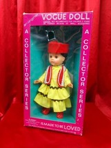 Vtg 1970s VOGUE DOLL Russia 8&quot; Ginny Black Hair Yellow Ruffle Dress Red Hat Trad - £15.12 GBP