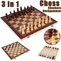 3-in-1 Wooden Chess Board Set Portable Folding Chess Checkers Backgammon Adults - £17.98 GBP