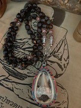 Fossil Shark Tooth Gem Amulet &amp; Bali Sterling Silver Trade Ruby Black Skull Mala - £1,369.44 GBP