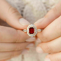 14k Rose Gold Finish Silver Emerald Cut Garnet Halo Ladies Engagement Ring - £80.18 GBP