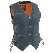 Women&#39;s Motorcycle Vest Blue 6 Pocket Side Lace Denim Vest MDL4020 - $921.24 MXN+