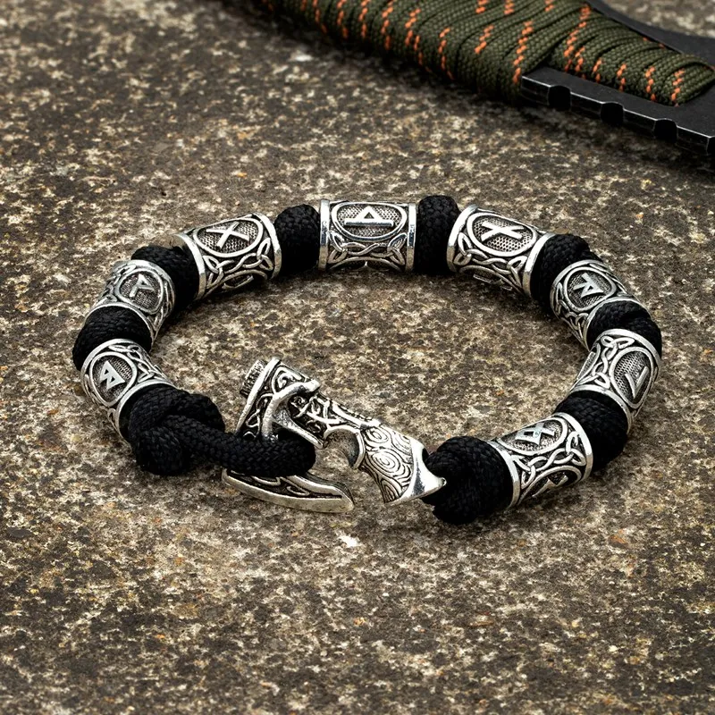 Men Viking Celtic Rune Beads Axe Bracelet Odin Symbol scandinavian Metal Lanyard - £17.07 GBP