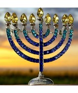 Sparkling Menorah Blue Rhinestone Brooch - $218.20 MXN