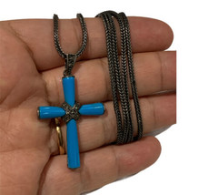 sterling silver dark patina Blue Inlay cross necklace  16.5 Grams 26” - £75.93 GBP