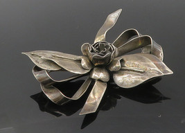 925 Sterling Silver - Vintage Oxidized Floral Bow Tied Ribbon Brooch Pin- BP3792 - £83.87 GBP