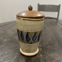 Bruce Stebner Art Pottery Stoneware Vase Container With Wooden Lid Geo P... - $39.59