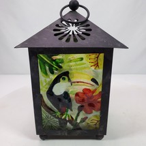 Vintage 1990s Hand Painted Toucan Bird Lantern 7x4.5x4.5 Inch Glass Metal - £17.46 GBP