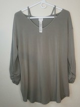 Zenergy by Chicos SIZE 2 GRAY Split Neck Ruched Sleeves Tunic Womens Top - £14.88 GBP