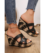 Black Hollowed PU Leather Rivet Wedge Slippers - $610.96 MXN