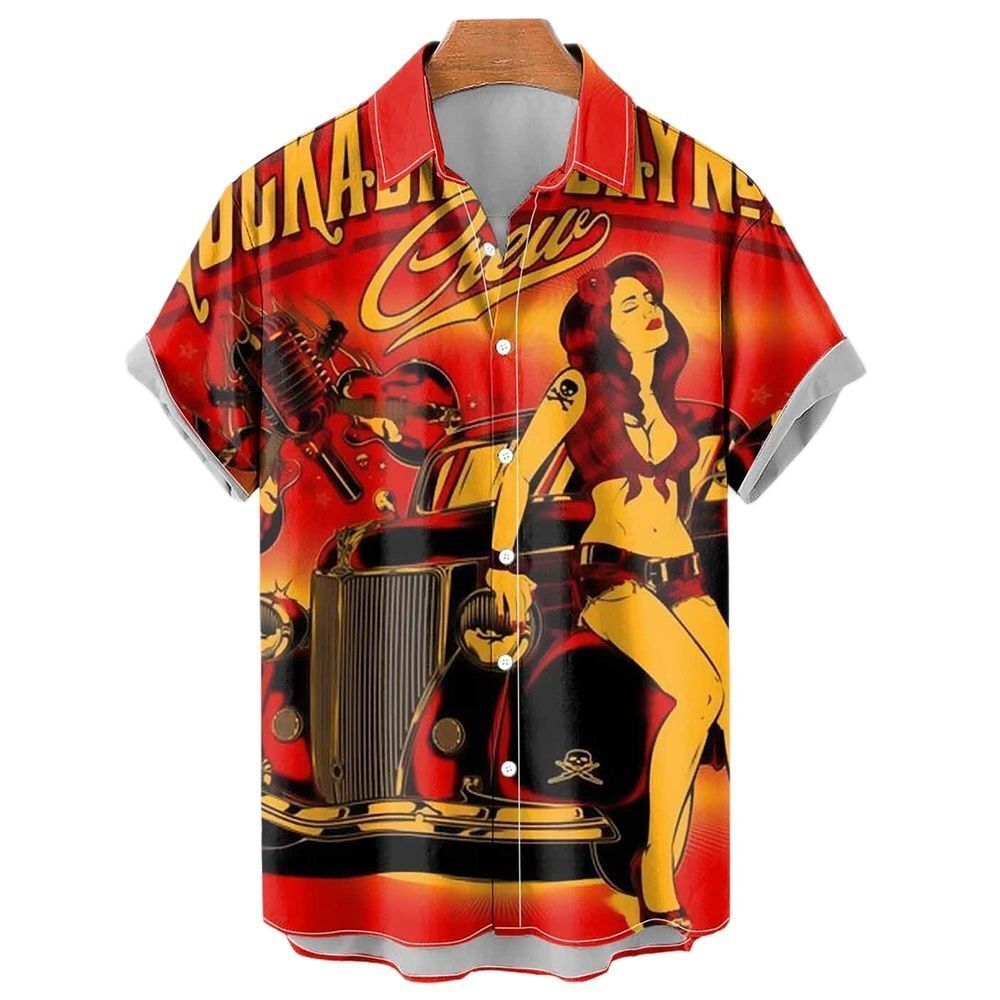 Hot Rod Rockabilly Skull crossed bones Hawaiian fire red shirt for men - $29.00