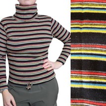 Retro 70s 80s Striped Turtleneck Shirt Thin Sweater Medium Stretchy Blac... - £30.27 GBP