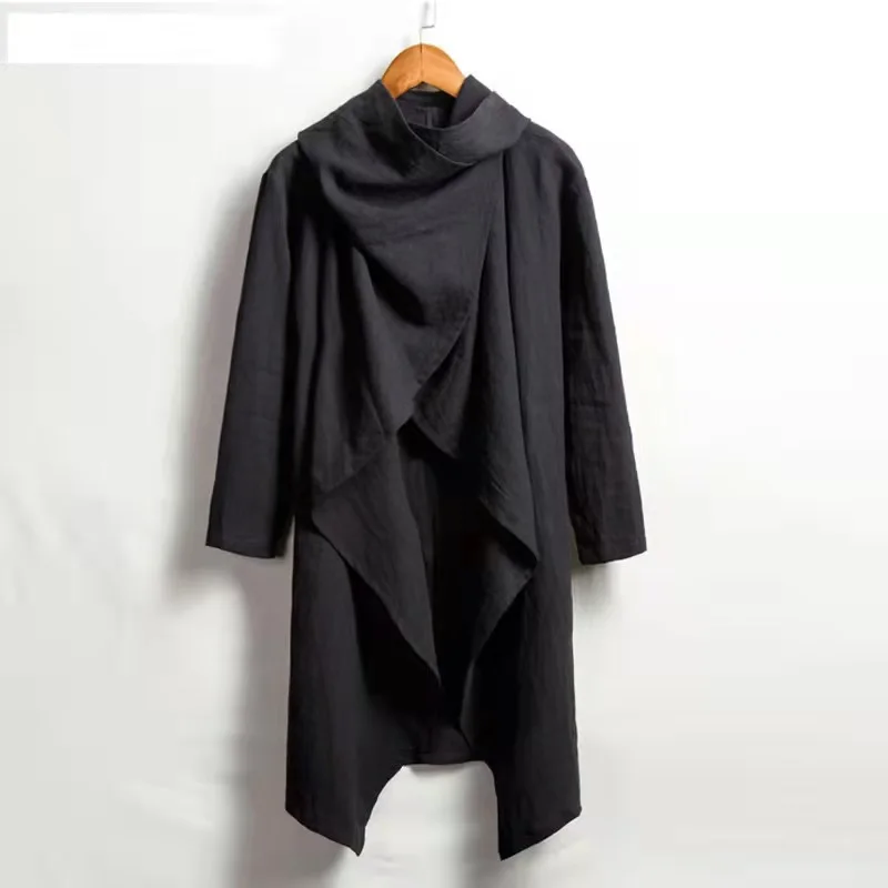 Vintage Ponchos Men  Cardigan Coats Long Sleeve Scarf Collar Trench Cotton Outwe - $125.58