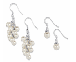 CRYSTAL SIMULATED WHITE PEARL 2 PAIR CHANDELIER CLUSTER DROP EARRINGS SI... - £55.03 GBP