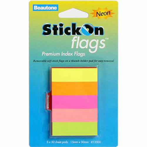 Beautone Stick On Flags 250 Sheets (Assorted Neon) - 15x50mm - $23.41
