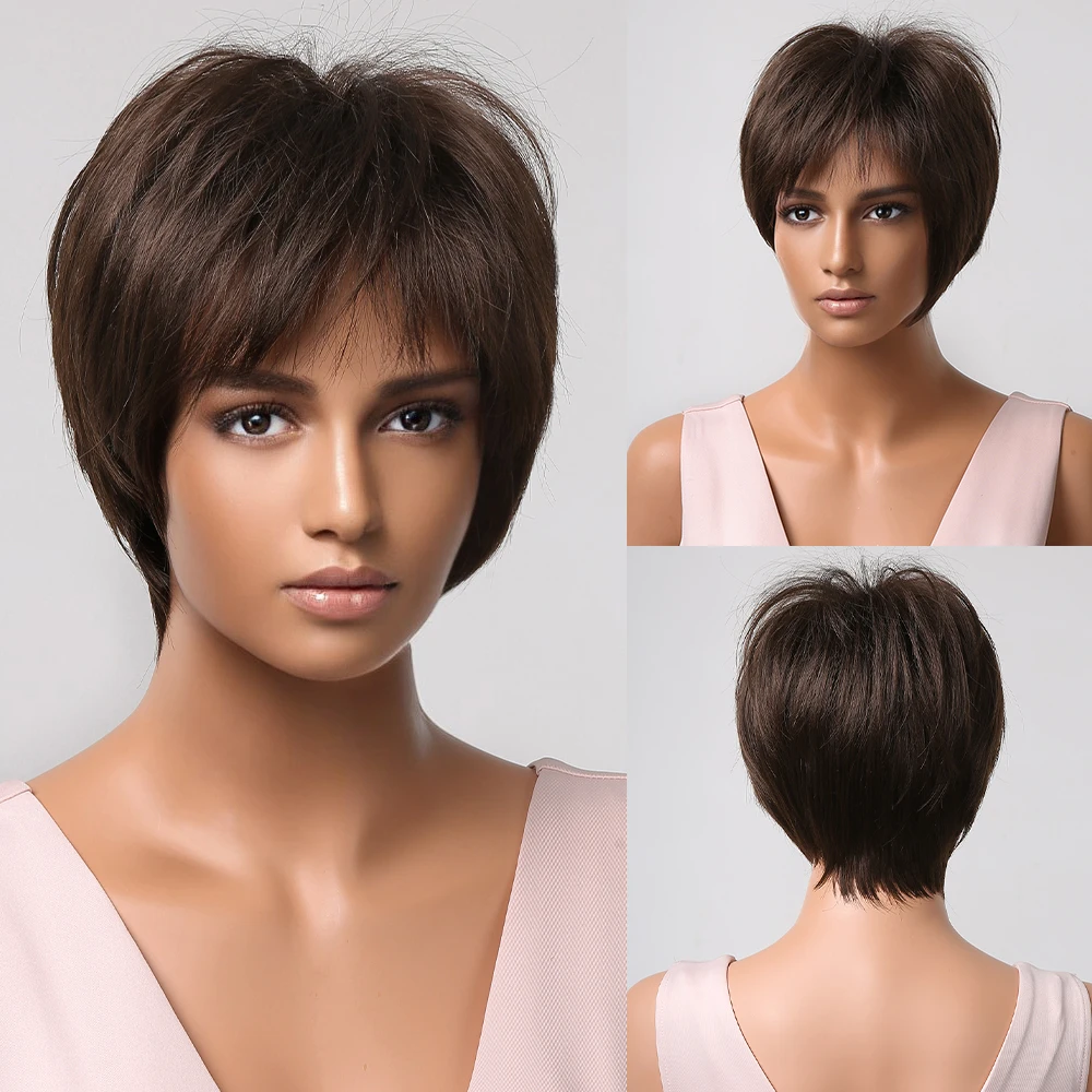 Short Pixie Cut Synthetic Wigs Natural Brown Hair Wig with Bangs for Women Af - $18.69+