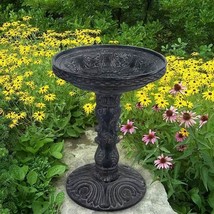 Outdoor Garden Fiberglass Bird Bath in Black Charcoal Stone Finish - $331.49