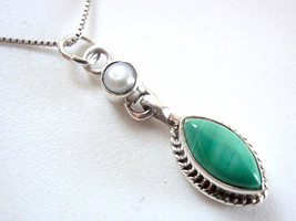 Freshwater Pearl and Malachite Marquise Necklace 925 Sterling Silver New - £16.36 GBP