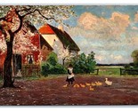 Art Farm Scene Woman Feeding Ducks Under Cherry Tree DB Postcard Y9 - $4.90