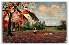 Art Farm Scene Woman Feeding Ducks Under Cherry Tree DB Postcard Y9 - $4.90