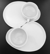 Milk Glass White Snack Plates Patio Plates Lot of Two with Cups Curved Shape - £17.47 GBP