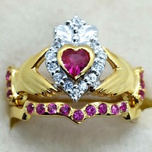 Corazón Imitación Rubí y Diamante Claddagh Novia Set Anillos 14k Amarillo Oro - £117.19 GBP