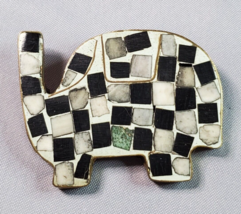 Brass Mosaic Pin Brooch Gray Black White Thick Heavy Unsigned Vintage - $15.79