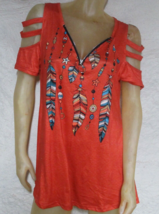 Orange Feather V-Neck Short Sleeve Shirt Size M - $12.55