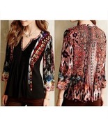 RANNA GILL Anthropologie Spectral Print Pleated Detail Embroidered Top S... - $371.00 MXN