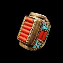 Nepalese Tibetan Handcrafted Vintage Copper Inlaid Ring Natural Coral Gemstones - $34.88