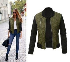 Autumn Winter Leisure Fashion Solid Women Jacket O-neck Zipper Stitching Quilted - £19.09 GBP